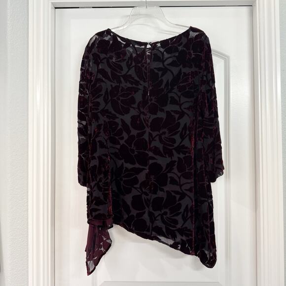 St John Blouse Velvet Floral Burnout Asymmetric Top Purple Sheer Artsy Size 12 - Picture 4 of 8